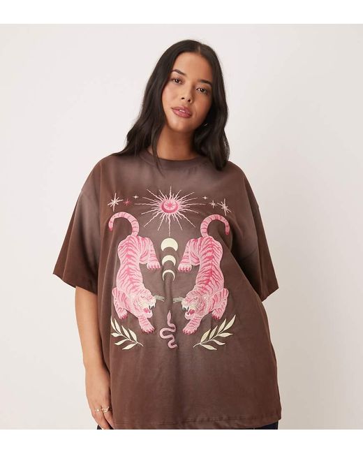 ASOS Brown Asos Design Curve Oversized T-shirt With Embroidered Celestial Graphic