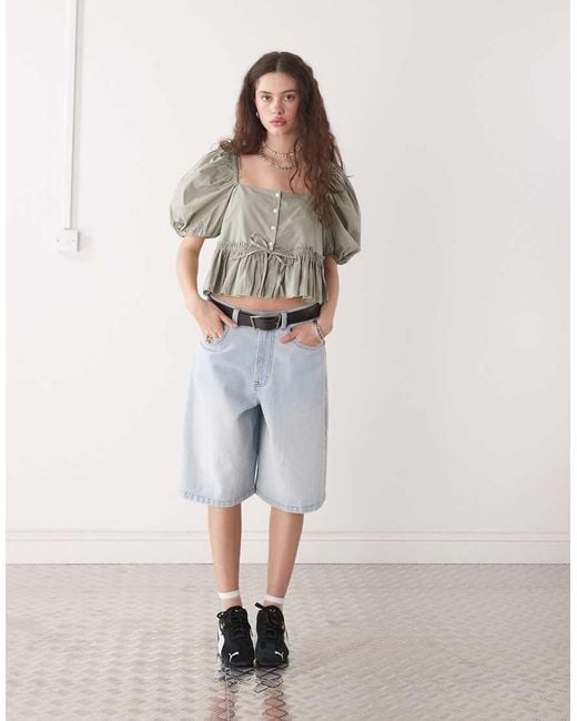 Monki Gray Puff Sleeve Milkmaid Peplum Blouse