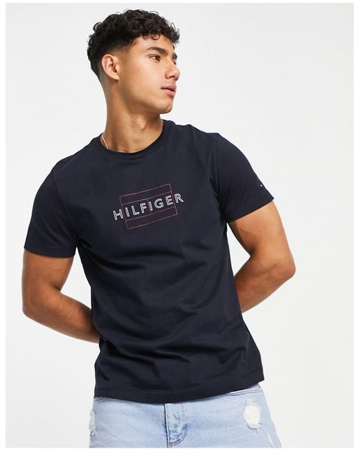 Tommy Hilfiger Cotton Linear Flag Logo Tshirt in Navy (Blue) for Men