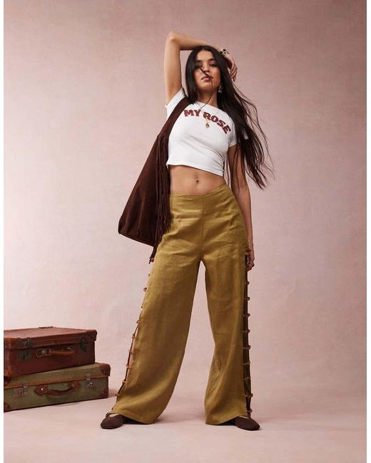 Vrg Grl Pink Tia Linen Pants With Bead Detailing
