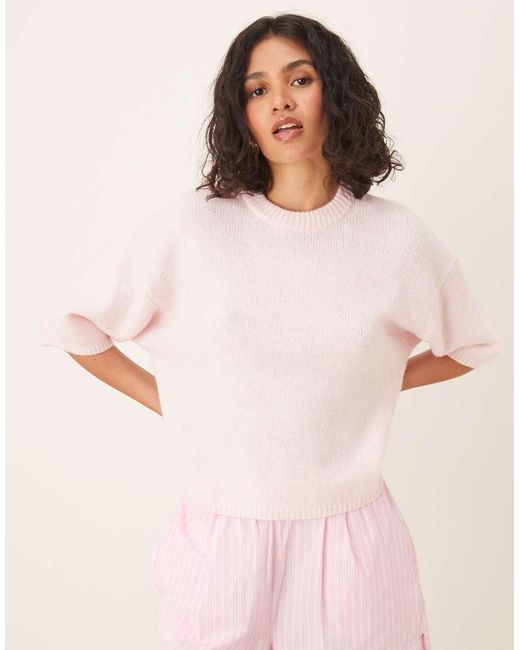 Gina Tricot Gebreide Top Met Korte Mouwen, Ronde Hals En Pofmouwen in het Pink