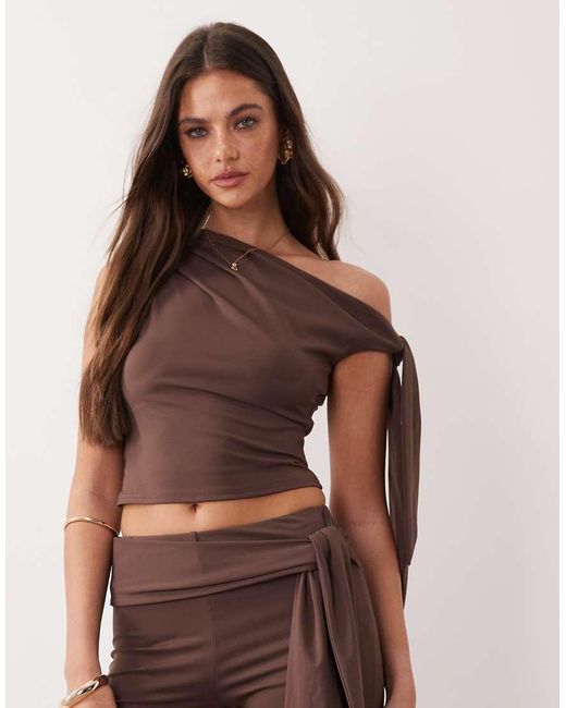 The Frolic Brown Exclusive Slinky Asymmetric Shoulder Drape Side Top Co-ord