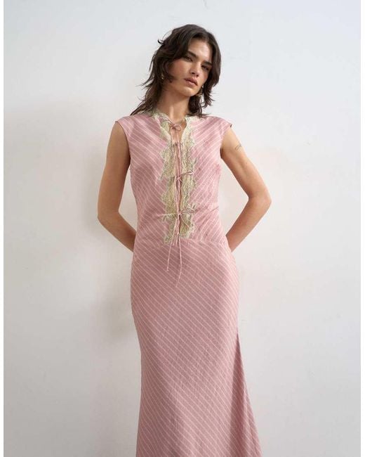 TOPSHOP Pink Delicate Tie Front Maxi Dress With Lace Insert