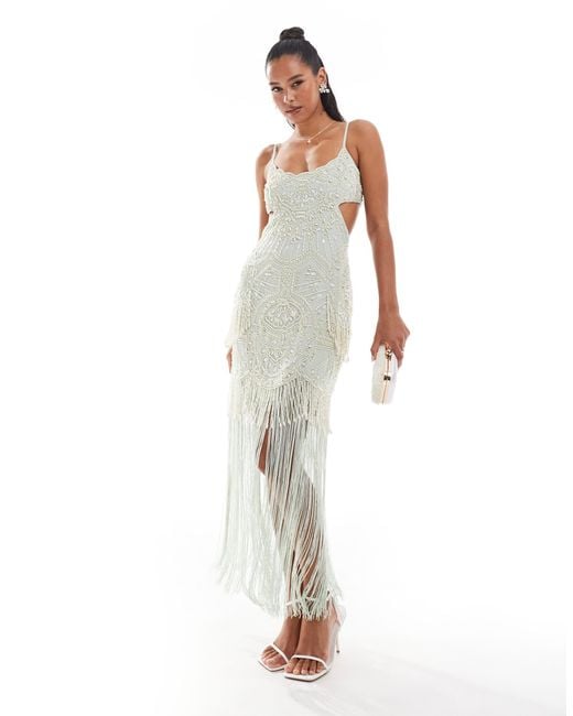 ASOS Cut Out Fringe Maxi Dress With Beaded Embellishment in White | Lyst