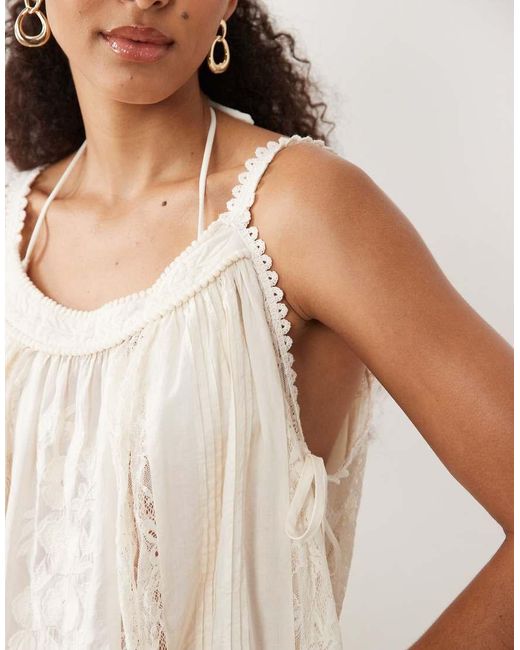 Miss Selfridge Natural Beach Tie Side Lace Embroidered Mini Dress