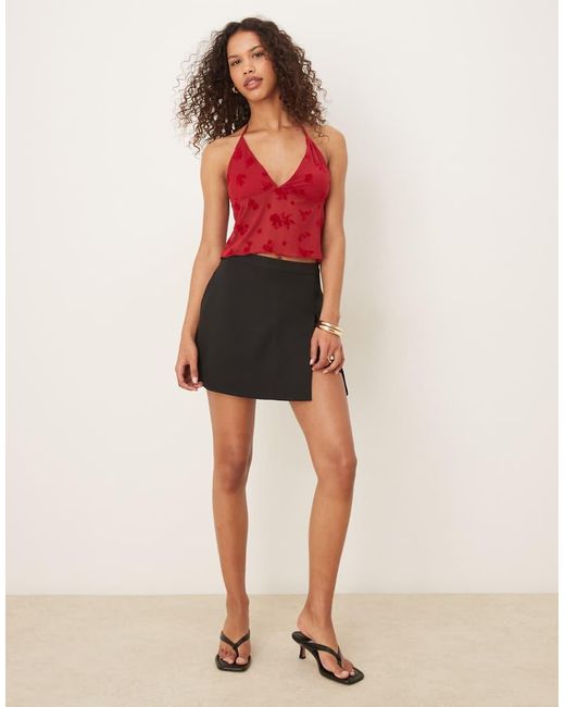 ASOS Red Flocked Mesh Plunge Frill Halter Top