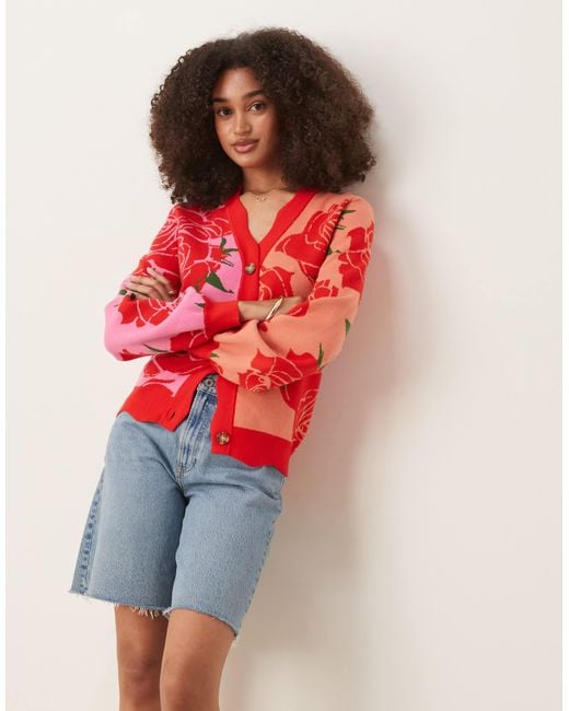 Never Fully Dressed Red Knitted Rose Contrast Cardigan