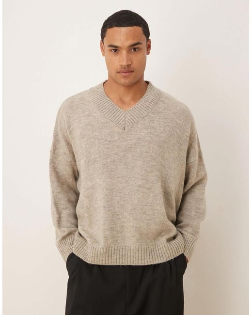 ASOS Men's Natural Super Oversized Boxy Fit Knitted V-neck Sweater - Main Image