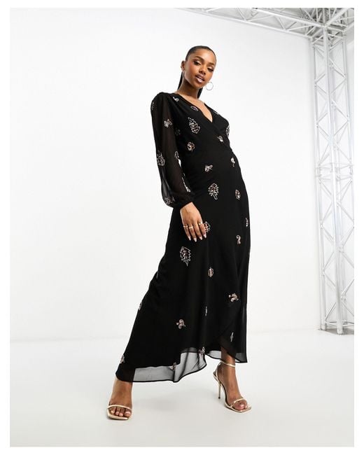 Hope & Ivy Black Wrap Embellished Maxi Dress