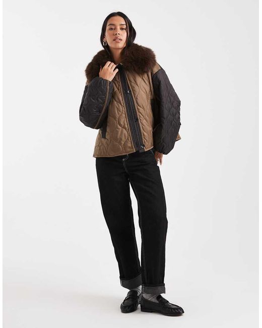 ASOS Brown Quilted Hybrid Teddy Collarless Jacket With Pink Lining