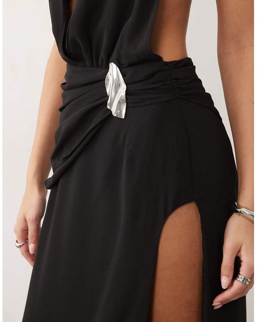 Missy Empire Black Chiffon Plunge Wrap Metal Detailing Open Back Thigh Split Maxi Dress