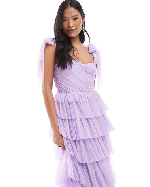 LACE & BEADS Purple Bridesmaid Bow Shoulder Tulle Maxi Dress
