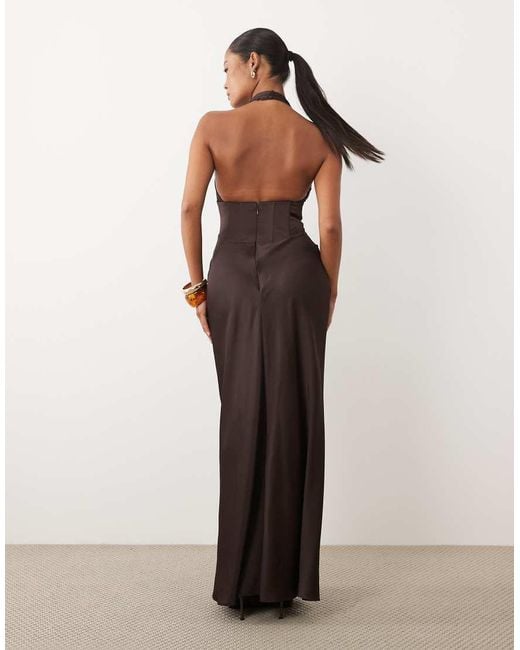 Forever New Brown Satin Plunge Corset Detail Bias Maxi Dress
