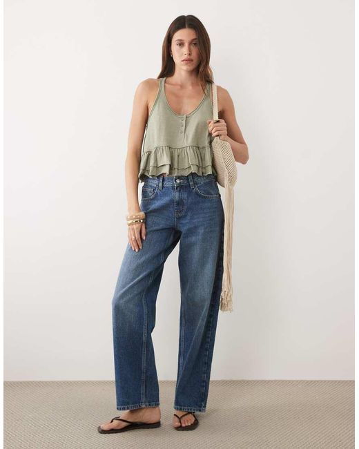Miss Selfridge Green Peplum Hem Button Through Top