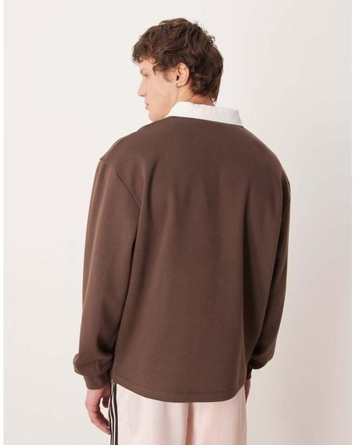 ASOS Brown Oversized Rugby Polo With Contrast Collar for men