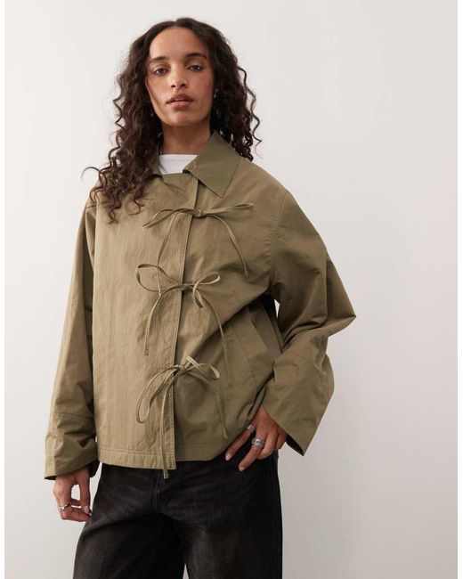 Collusion Natural Cropped Bow Tie Trench Jacket