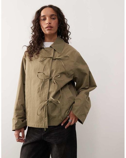 Collusion Natural Cropped Bow Tie Trench Jacket