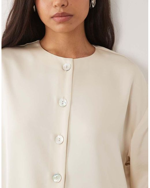 Pretty Lavish Natural Breya Satin Button Up Deep Cuff Blouse