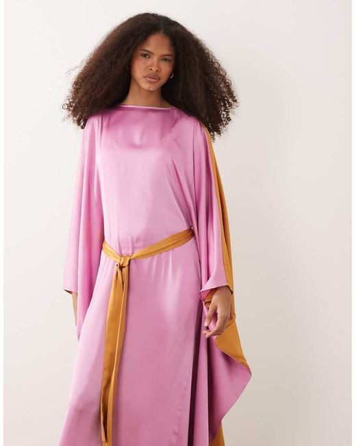Iyal Pink Satin Contrast Bell Sleeve Maxi Belted Kaftan Dress