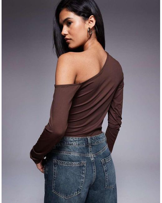 ASOS Brown Polyamide Slinky One Shoulder Drape Asymmetric Top