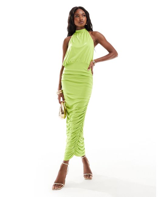 ASOS Green Halter Neck Midi Dress With Ruched Skirt