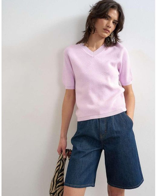 TOPSHOP Pink Knit High V Neck Top