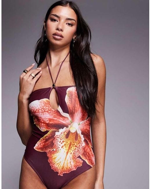 South Beach Red Abstract Floral Print Cutout Swimsuit