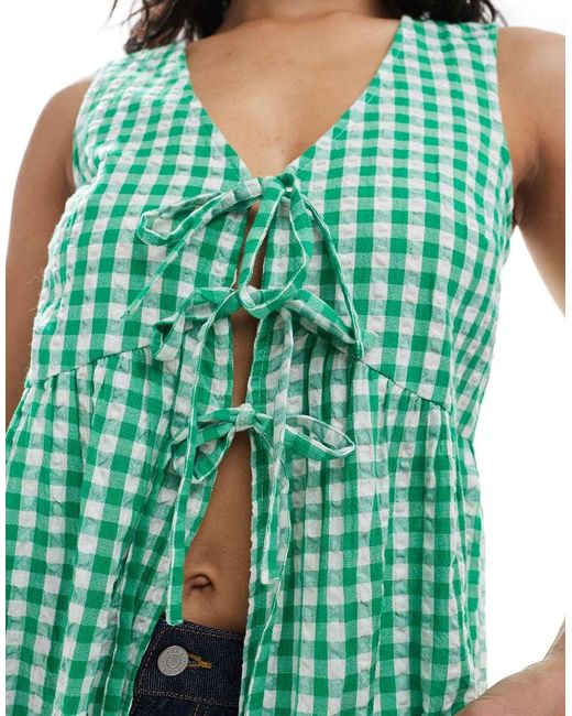 New Look Shell Top Met Korte Mouwen, Gingham Ruiten En Gestrikte Voorkant in het Green