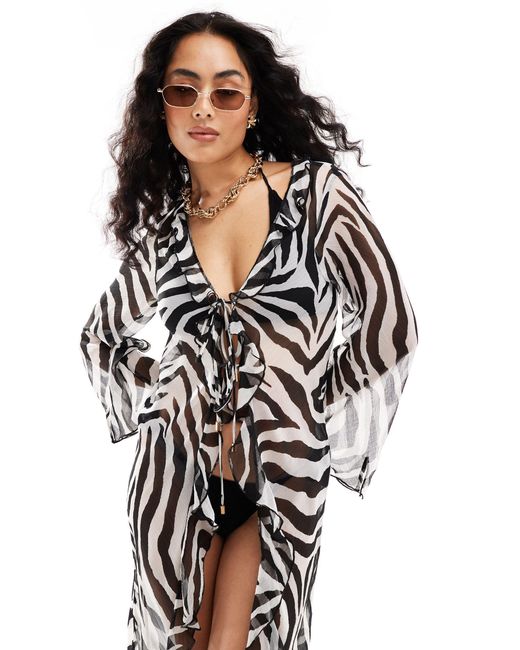 Miss Selfridge White – maxi-strandkimono mit rüschendetail und zebramuster