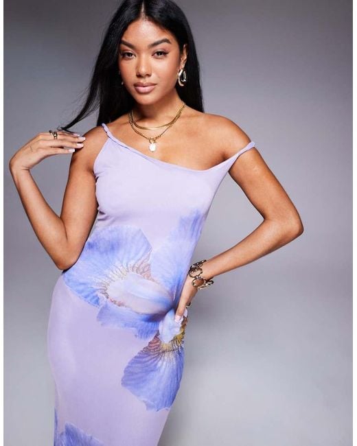 Kaiia Blue Exclusive Double Layered Slinky Mesh Floral Twist Off Shoulder Maxi Dress