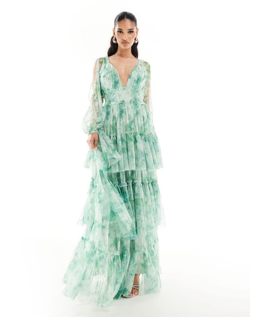 LACE & BEADS Green Sheer Sleeve Tulle Maxi Dress