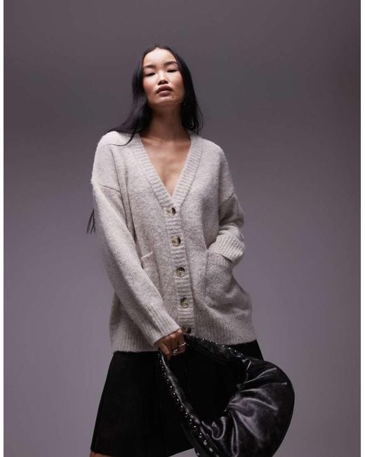TOPSHOP Purple Knitted V-neck Fluffy Oversized Cardigan With Pockets