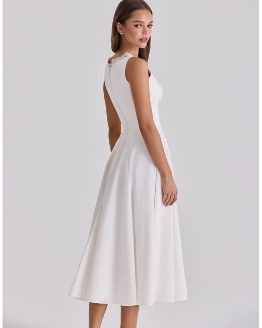 House Of Cb White Scarlett Cotton Lace Trim Waist Cinch Midi Dress