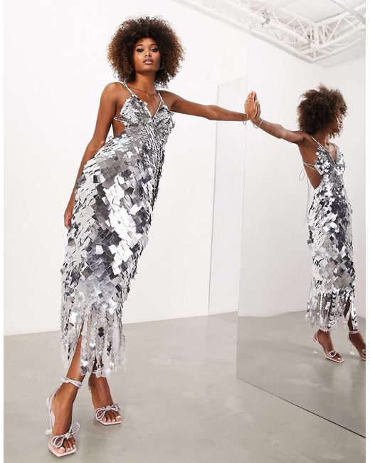 ASOS Metallic Square Paillette Sequin Midi Dress