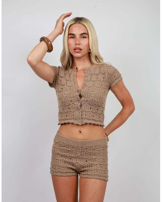 SIMMI Gray Crochet Knit Short Sleeve Cardigan