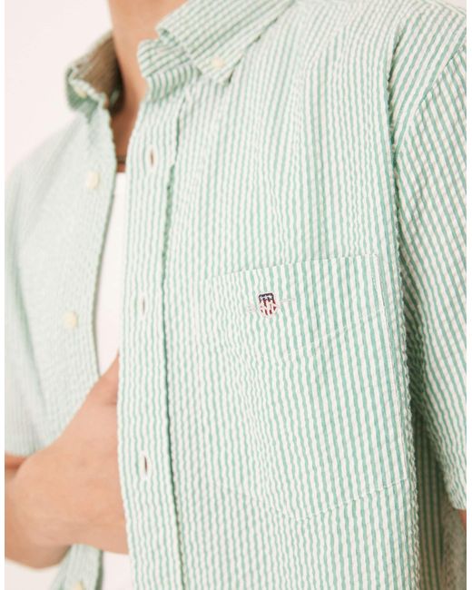 Gant White Sheild Logo Short Sleeve Seersucker Stripe Shirt for men