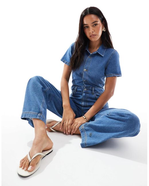 Miss Selfridge Blue – kurzärmliger jeans-jumpsuit