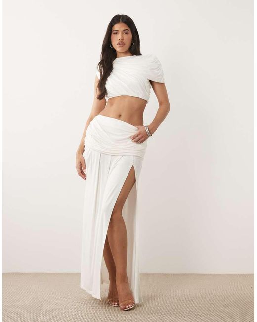 Wanderdoll White Athena Sculpting Second Skin High Neck Drape Crop Top Co-Ord