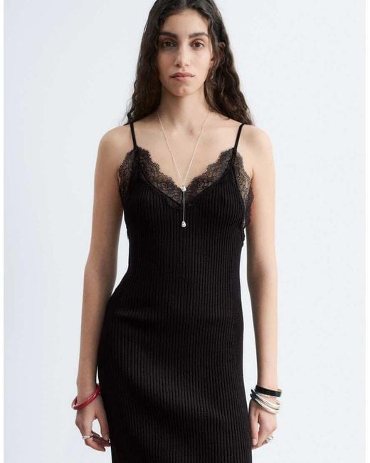 & Other Stories Black Knitted Cami Midi Dress With Lace Neckline Detail