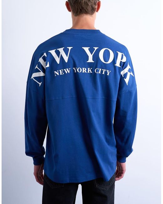 Camiseta Azul Cobalto Extragrande De Manga Larga Con Estampado "New York City" De Topman de hombre de color Blue