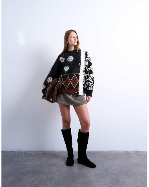 TOPSHOP Black Knitted Mixed Pattern Patchwork Jumper