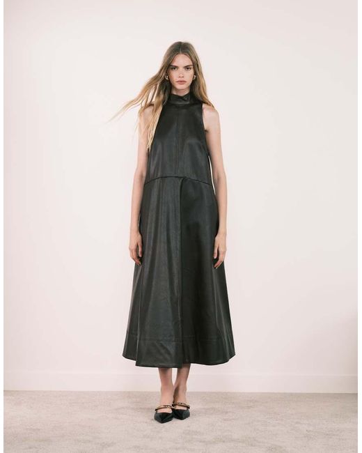 ASOS Black High Neck Leather Look Maxi Dress With Stitching Detail