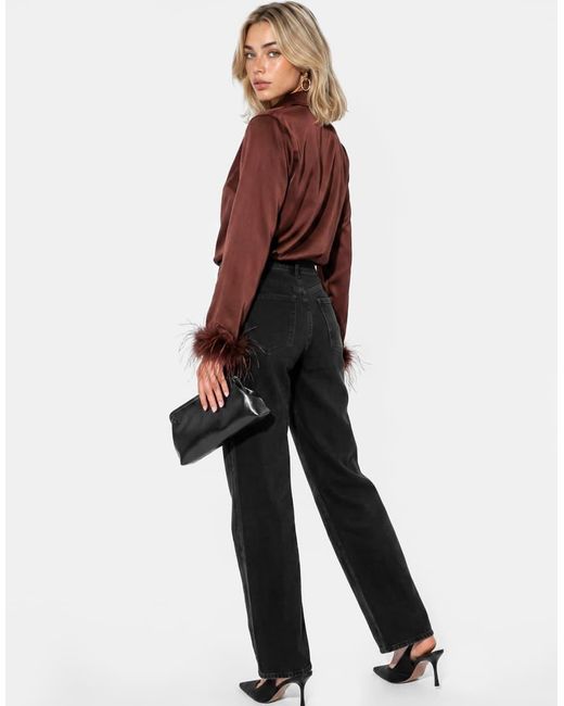 Lovedrobe Red Feather Cuffs Chocolate Satin Shirt