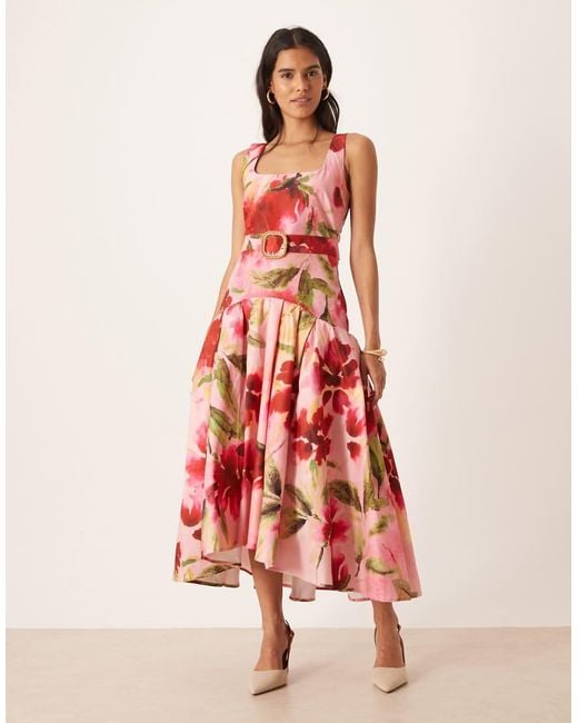 Hope & Ivy Red The Sybil Square Neck Drop Hem Midaxi Dress With Waist Belt
