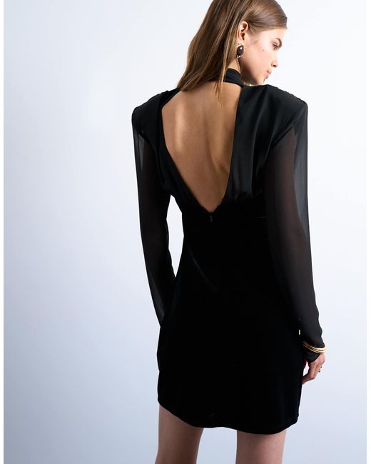 Robe courte à manches longues en velours et mousseline avec épaulettes TOPSHOP en coloris Black