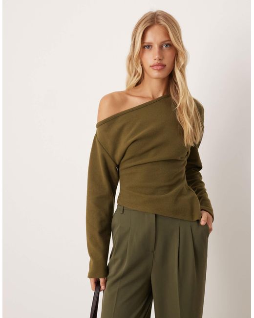 ASOS Green Supersoft Off Shoulder Corset Waist Long Sleeve Top