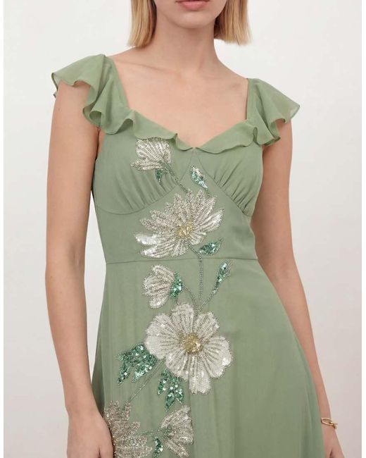 Maya Green Floral Embellished Waterfall Ruffle Maxi Dress