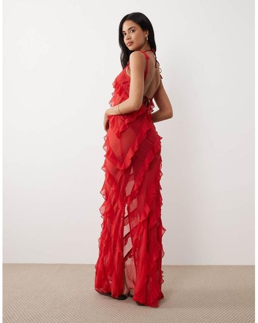Miss Selfridge Red Beach Asymmetric Ruffle Low Back Maxi Dress