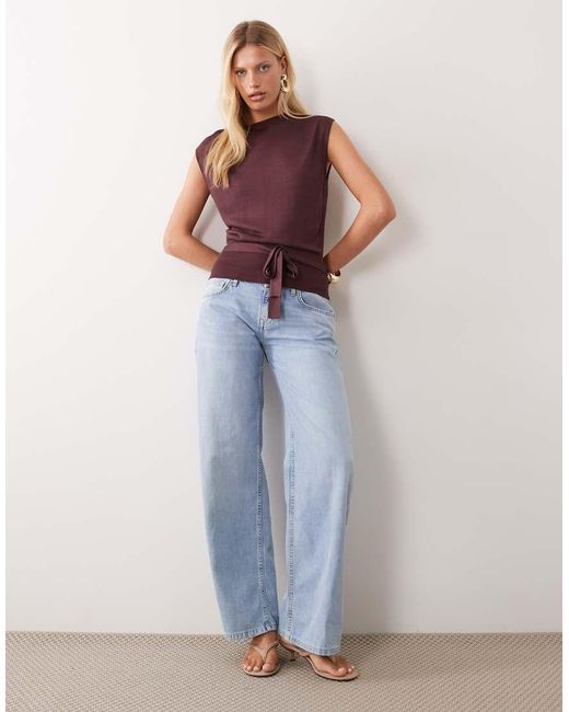 Mango Blue Sleeveless Tie Waist Knitted Top