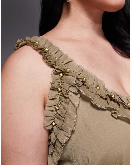 ASOS Brown Asos Design Curve Ruffle Strap Detail Mini Dress With Gold Trim